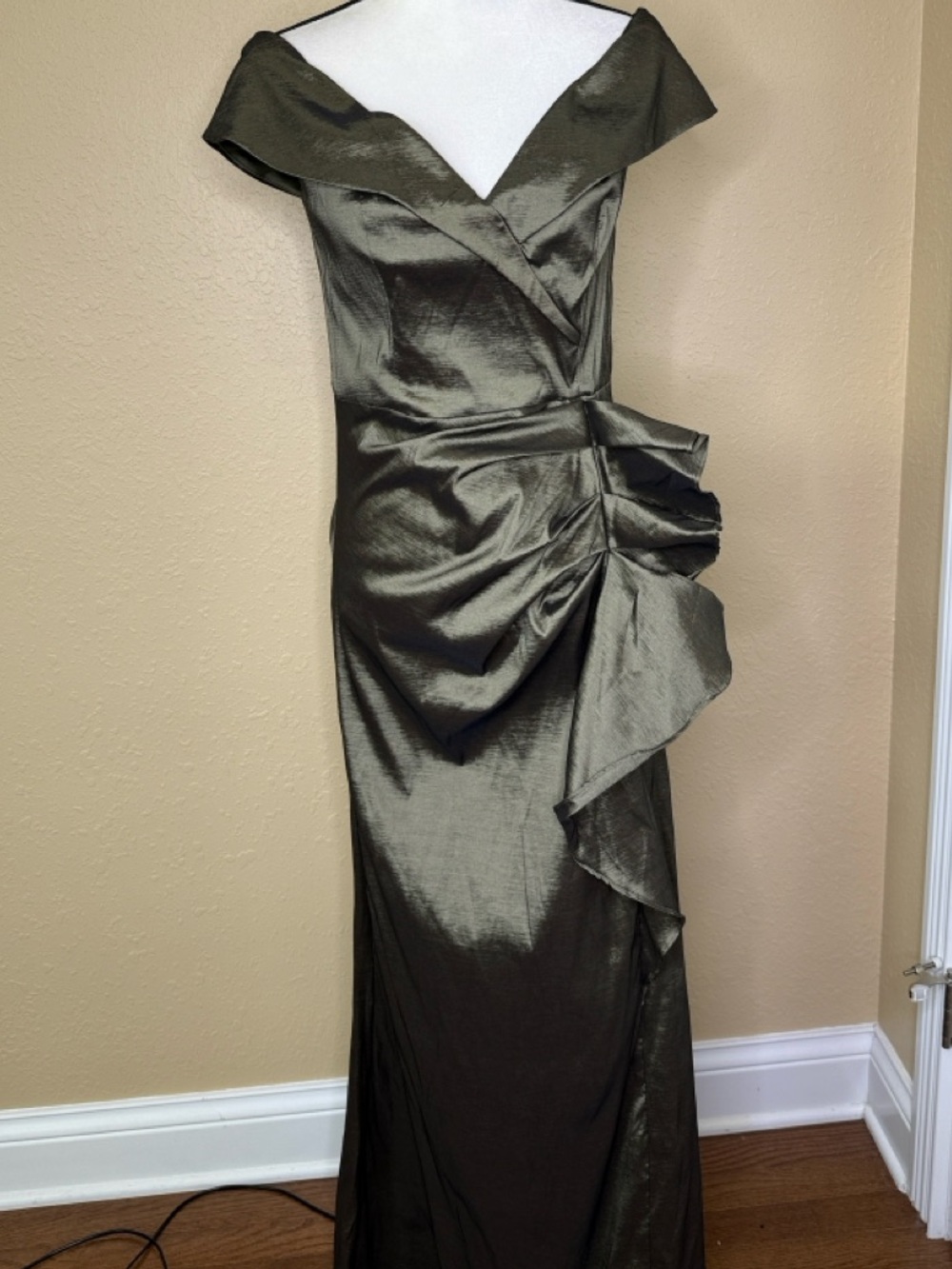 Xscape Olive Green Off-Shoulder Ruffled Satin Gown - Picture 4 of 14